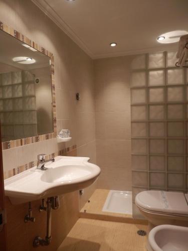 a bathroom with a sink and a toilet and a mirror at Hotel Restaurante Salvadora in Villena