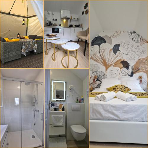 un collage de quatre photos d'une chambre et d'une salle de bains dans l'établissement La Perle Rare, à Massy