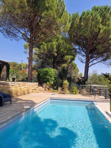 - une piscine dans une cour arborée dans l'établissement Tres bel hébergement ensoleillé les Romarins, à Le Val