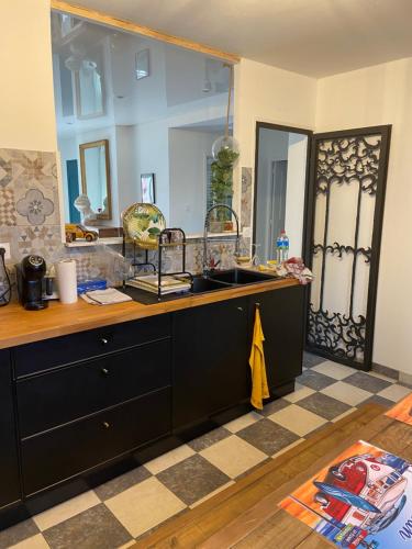 a kitchen with a sink and a mirror at Appartement du sud in Saint-André-de-Sangonis