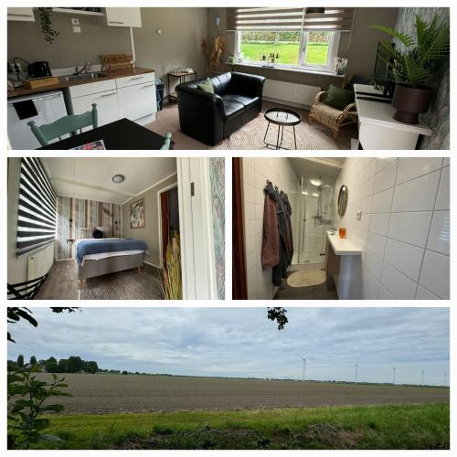 two pictures of a living room and a kitchen at Elefteria in Kolhorn