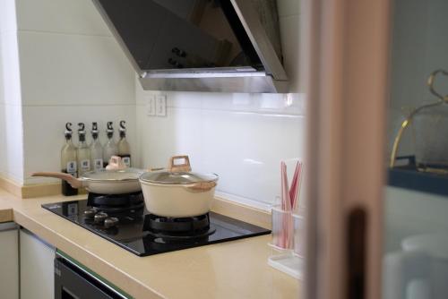 a kitchen with a stove with two pots on it at Moli B&B - The Bund Riverview Nanjing East Road 3-Bedrooms with Elevator Apartment Near the subway in Shanghai