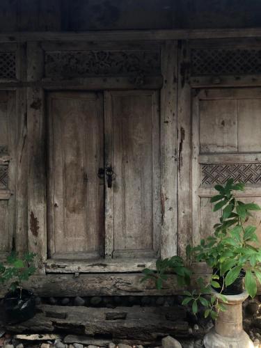 an old wooden door with a plant in front of it at Omah Guyub in Ngabean