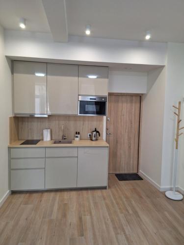 a kitchen with a sink and a counter top at M&M Apartamentai in Klaipėda