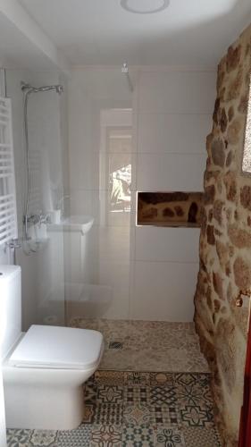 a white bathroom with a toilet and a shower at El Legado de Acha in Cambados