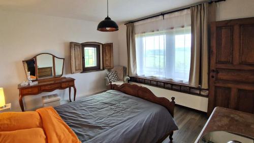 a bedroom with a bed and a window and a mirror at Les HerbesFolles de Oizy in Oizy
