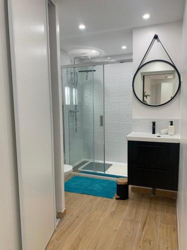 a bathroom with a shower and a sink and a mirror at Appartement indépendant refait a neuf avec jacuzzi et terrasse privative proximité gare in Viarmes