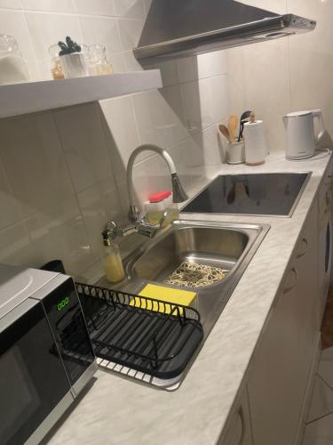 a kitchen sink with a dish drying rack next to it at Guest House Vilnius in Vilnius