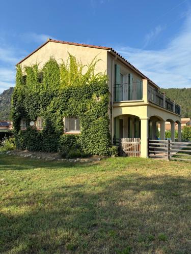 une maison recouverte de lierre avec une cour dans l'établissement Villa Mimosa - Modern Villa with Private Pool & Mountain View, à Fuilla