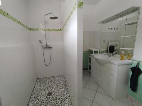 une salle de bain blanche avec une douche et un lavabo dans l'établissement Maison de campagne individuelle, à Vigneux-Hocquet
