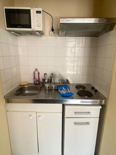 une petite cuisine avec un évier et un micro-ondes dans l'établissement Charmant Studio au Cœur de Paris Cosy Studio Paris, à Paris