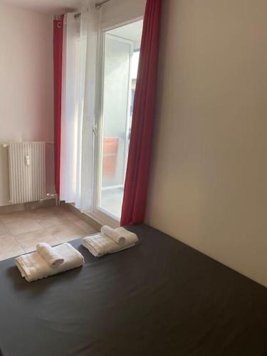 - deux serviettes assises au sol dans une pièce dans l'établissement Charmant Studio au Cœur de Paris Cosy Studio Paris, à Paris