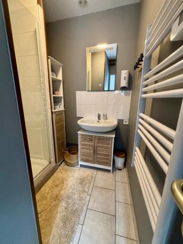 une salle de bain avec un lavabo et un miroir dans l'établissement La Romance, à Fressenneville