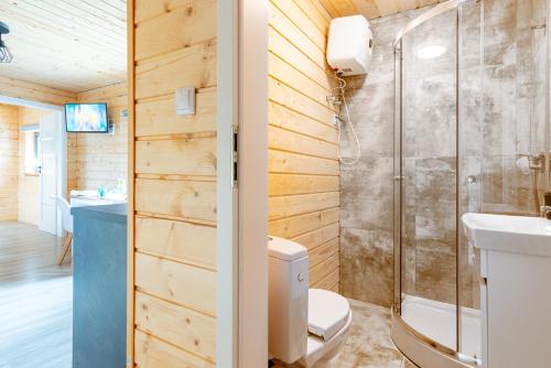 a bathroom with a shower and a toilet and a sink at OSADA JANTAR 2 in Jantar