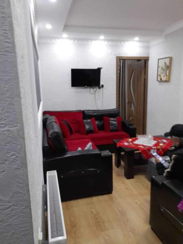 a living room with a red couch and a table at kuskusa in Kʼutʼaisi