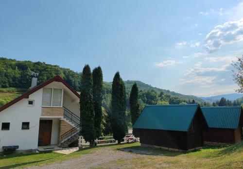 a house with a green roof and two buildings at Rural household Konak Vukovica in Mojkovac