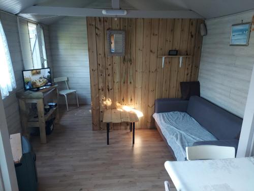 un salon avec un canapé et une table dans l'établissement Hortillonnages Chalet entouré d'eau, à Camon