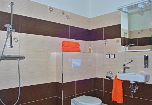 a bathroom with a shower and a toilet and a sink at Hotel Pod Radnicí in Šumperk