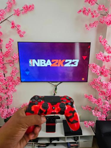 a person holding a video game controller in front of a tv at Lakwatsero Caviteño Suites in Trece Martires