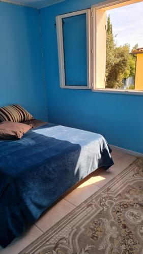 une chambre bleue avec un lit et une fenêtre dans l'établissement Chambre Nîmes, à Nîmes