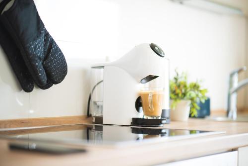a coffee maker on a counter in a kitchen at Idyllische Ferienwohnung am Schaalsee - Natur und Erholung pur in Zarrentin