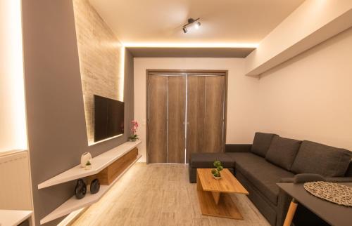 a living room with a couch and a tv at SKIA luxury living above the walls in Thessaloniki