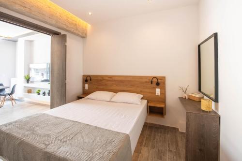 a bedroom with a large bed and a mirror at SKIA luxury living above the walls in Thessaloniki