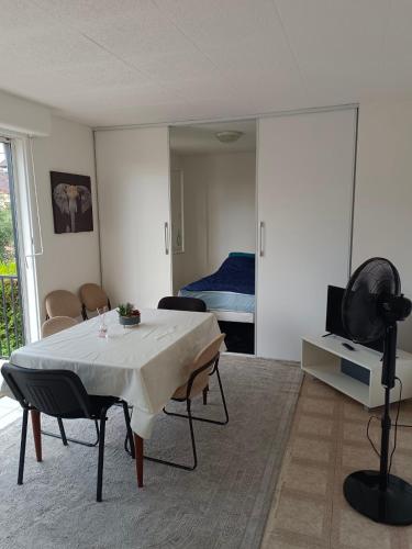 un salon avec une table et un lit dans l'établissement Maison Charmante et Jardin Privé à Gagny - Proche Paris, à Gagny