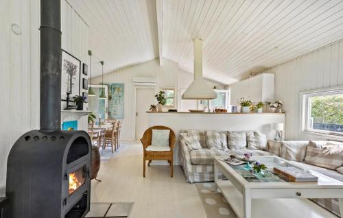 a living room with a couch and a wood stove at Four-Bedroom Holiday Home In Hornbak in Hornbæk