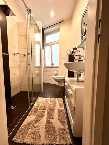 a bathroom with a sink toilet and a shower at Moderne Altstadt Apartments - Marktplatznähe- ruhige zentrale Lage - Natur&Kultur in Goslar