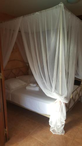 a bed with a canopy with white curtains at Agréable chambre d'hôtes, SDB, piscine, carbet cuisine. in Saint-Claude