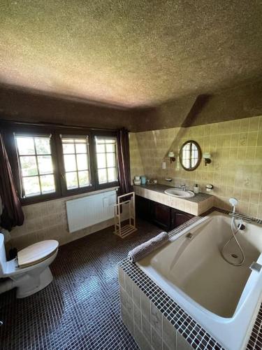 une salle de bain avec une baignoire, des toilettes et un lavabo dans l'établissement La groseille, à Anneville-sur-Scie