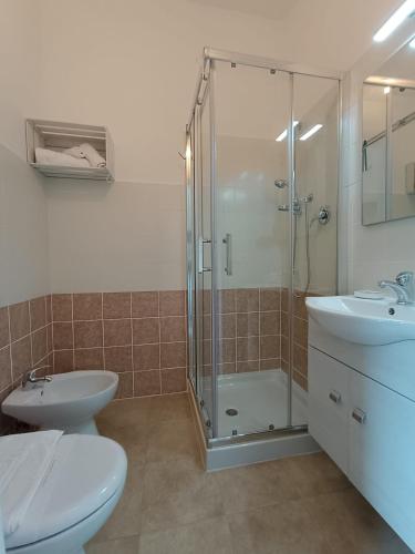 a bathroom with a shower and a toilet and a sink at Il Melograno in Civita Campomarano