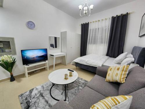 Al Ḩamīdīyahにあるfurnished studio for rent Ajmanのソファとテレビのあるリビングルーム