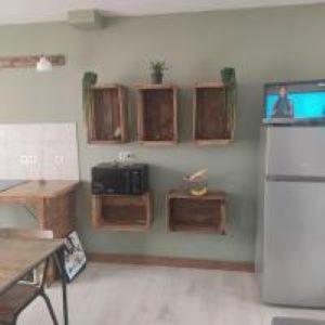 une cuisine avec réfrigérateur et une télévision dans la chambre dans l'établissement les hirondelles, à Notre-Dame-de-Monts