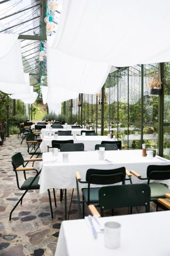 a row of tables and chairs in a greenhouse at Kazerma e Cerenit in Surrel