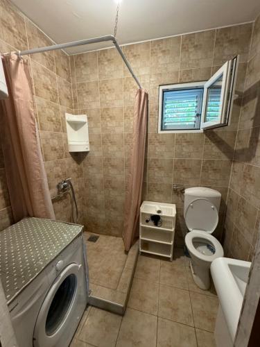 a bathroom with a washing machine and a toilet at Vila Andja, Apartmani i Sobe in Krašići