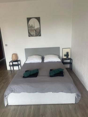 une chambre avec un grand lit avec deux oreillers dans l'établissement Tour Eiffel vue seine avec terrasse, à Paris