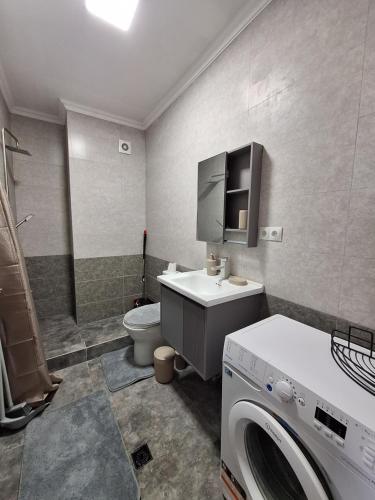 a bathroom with a washing machine and a toilet at Red building in Tbilisi City