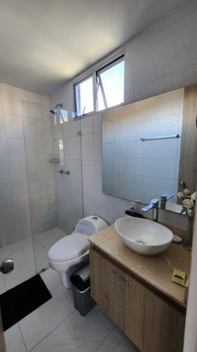 a bathroom with a toilet and a sink and a mirror at Apartamentos Borbon Suites in Medellín