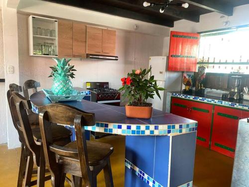 a kitchen with a counter with chairs and a table at Hospedaje San Martin - Finca completa - 18 personas in Pavas