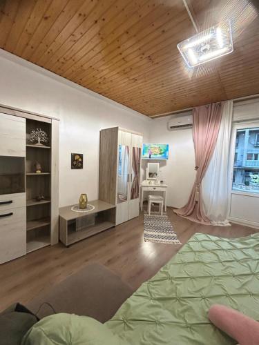 a living room with a bed and a desk at Panoramic terace Victory boutique in Bucharest