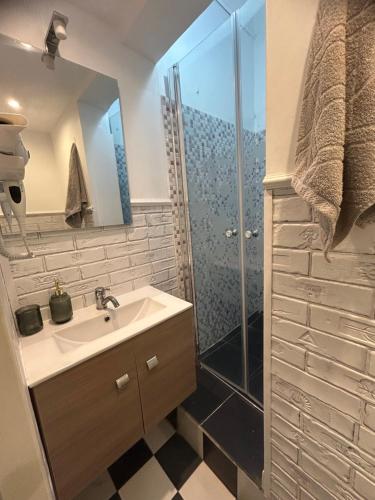 a bathroom with a sink and a shower at Panoramic terace Victory boutique in Bucharest