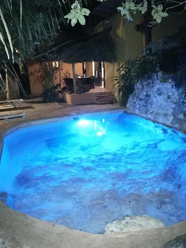 a large swimming pool with blue water at night at La casa de piedra y colores en Chichén Itzá in Chichén-Itzá