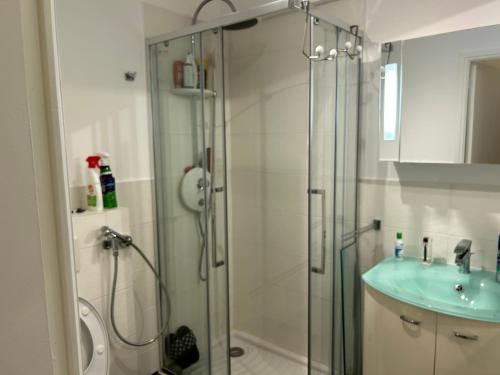 une salle de bain avec une douche en verre et un lavabo dans l'établissement Appartement T2 bord de mer, à Cannes