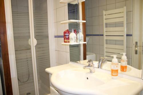 ein Badezimmer mit Waschbecken, Spiegel und Dusche in der Unterkunft Charmant Vintage Chaville in Chaville