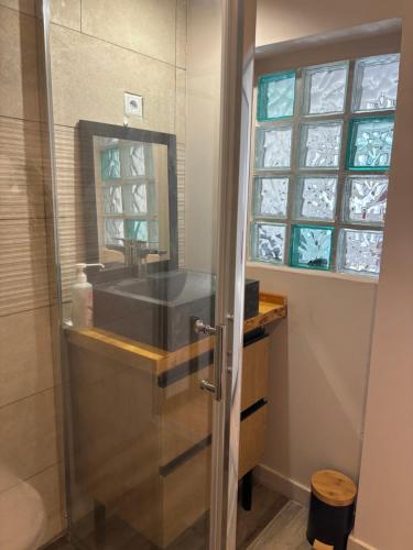 une salle de bain avec un lavabo et une fenêtre dans l'établissement Studio au cœur du vieux village, à Vitrolles