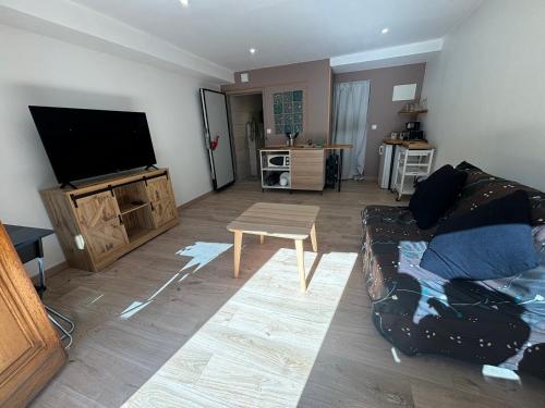 un salon avec un canapé et une télévision à écran plat dans l'établissement Studio au cœur du vieux village, à Vitrolles