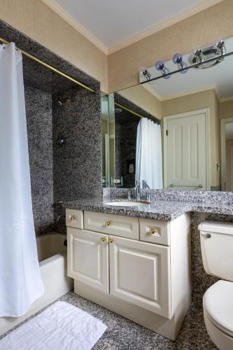a bathroom with a sink and a toilet and a mirror at Lakeview East Apartment in Chicago