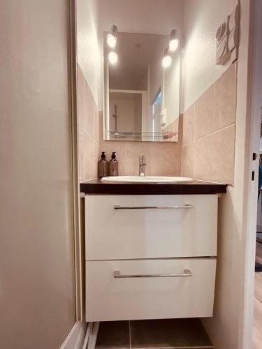 une salle de bain avec un lavabo et un miroir dans l'établissement La pastel - 339, à Rouen